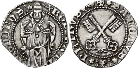 Bonifacio IX (Pietro Tomacelli), 2 novembre 1389 – 1 ottobre 1404. 

Grosso, AR 2,32 g. BONIFATI – PP NONVS Il pontefice, seduto in trono ornato da ...