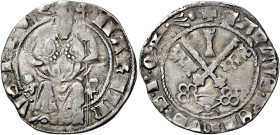 Martino V (Oddone Colonna), 11 novembre 1417 – 20 febbraio 1431. 

Grosso, AR 3,09 g. MARTIN – VS PP V Il pontefice, seduto in trono ornato da proto...