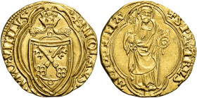 Niccolò V (Tommaso Parentucelli), 6 marzo 1447 – 24 marzo 1455. 

Ducato papale, AV 3,50 g. + NICOLAVS – PP QVINTVS Stemma sormontato da triregno, e...