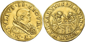 Giulio II (Giuliano della Rovere), 1 novembre 1503 – 21 febbraio 1513. 

Doppio fiorino di camera, AV 6,66 g. IVLIVS II LIGVR – P M Busto a d., con ...