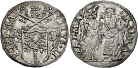 Giulio II (Giuliano della Rovere), 1 novembre 1503 – 21 febbraio 1513. 

Giulio, AR 3,89 g. IVLIVS II – PONT MAX Stemma sormontato da triregno e chi...