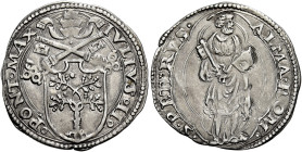 Giulio II (Giuliano della Rovere), 1 novembre 1503 – 21 febbraio 1513. 

Mezzo giulio, AR 1,87 g. IVLIVS II – PONT MAX Stemma sormontato da triregno...