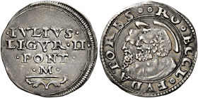 Giulio II (Giuliano della Rovere), 1 novembre 1503 – 21 febbraio 1513. 

Terzo di giulio, AR 1,26 g. IVLIVS / LIGVR II / PONT / M / fregio. Rv. RO E...