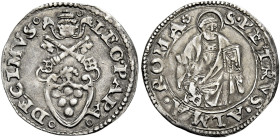 Leone X (Giovanni de’Medici), 11 marzo 1513 – 1 dicembre 1521. 

Quarto di giulio, AR 0,89 g. LEO PAPA – DECIMVS Stemma sormontato da triregno e chi...