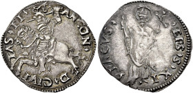 Anonime pontificie secolo XVI. Ancona 

Grosso, AR 1,70 g. Chiavi decussate ANCON – D CIVI - TAS FI Cavaliere al galoppo, a s., con spada sguainata....
