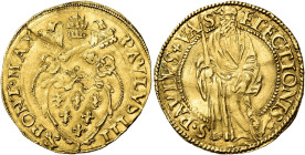 Paolo III (Alessandro Farnese), 13 ottobre 1534 – 10 novembre 1549. 

Scudo, AV 3,34 g. PAVLVS III – segno di Giacomo Balducci PONT MAX Stemma sormo...
