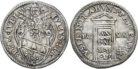 Giulio III (Giovanni Maria Ciocchi del Monte), 7 febbraio 1550 – 23 marzo 1555. 

Mezzo giulio del Giubileo 1550, AR 1,56 g. IVLIVS III – P M A IVBI...