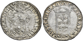 Giulio III (Giovanni Maria Ciocchi del Monte), 7 febbraio 1550 – 23 marzo 1555. Ancona 

Giulio, AR 3,30 g. IVLIVS III – P M A IVBI Stemma sormontat...