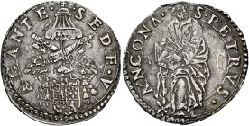 Sede Vacante I e II (Camerlengo card. Guido Ascanio Sforza), 23 marzo – 9 aprile 1555 e 1 – 23 maggio 1555. Ancona 

Giulio, AR 3,05 g. SEDE V – ACA...