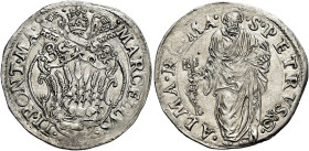 Marcello II (Marcello Cervini), 9 aprile – 1 maggio 1555. 

Giulio, AR 3,24 g. MARCELLVS – II PONT MA Stemma sormontato da triregno e chiavi decussa...