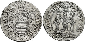 Paolo IV (Gian Pietro Carafa), 23 maggio 1555 – 18 agosto 1559. 

Testone, AR 9,25 g. PAVLVS IIII – PONT MAX Stemma sormontato da triregno e chiavi ...