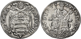 Paolo IV (Gian Pietro Carafa), 23 maggio 1555 – 18 agosto 1559. Ancona 

Testone 1557, AR 9,47 g. PAVLVS IIII – PONT MAX Stemma sormontato da trireg...