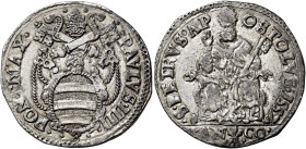 Paolo IV (Gian Pietro Carafa), 23 maggio 1555 – 18 agosto 1559. Ancona 

Testone 1557, AR 9,50 g. PAVLVS IIII – PONT MAX Stemma sormontato da trireg...
