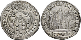 Pio IV (Giovanni Angelo Medici), 26 dicembre 1559 – 9 dicembre 1565. 

Testone, AR 9,49 g. PIVS IIII – PONT MAX Stemma sormontato da triregno e chia...