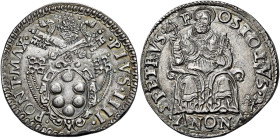Pio IV (Giovanni Angelo Medici), 26 dicembre 1559 – 9 dicembre 1565. Ancona 

Testone, AR 9,55 g. PIVS IIII – PONT MAX Stemma sormontato da triregno...