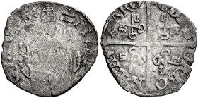 Pio IV (Giovanni Angelo Medici), 26 dicembre 1559 – 9 dicembre 1565. Avignone 

Mezzo grosso, AR 0,99 g. PIVS PP – QVARTVS Il pontefice, seduto in t...