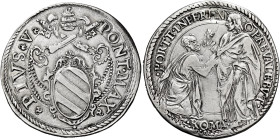 Pio V (Antonio Ghislieri), 7 gennaio 1566 – 1 maggio 1572. 

Testone, AR 9,10 g. PIVS V – PONT MAX Stemma sormontato da triregno e chiavi decussate....