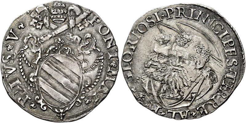 Pio V (Antonio Ghislieri), 7 gennaio 1566 – 1 maggio 1572. 

Giulio, AR 3,14 g...