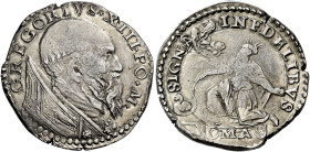 Gregorio XIII (Ugo Boncompagni), 13 maggio 1572 – 10 aprile 1585. 

Testone, AR 9,64 g. GREGORIVS XIII PO M Busto a s., con piviale ornato. Rv. SIGN...