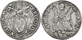 Gregorio XIII (Ugo Boncompagni), 13 maggio 1572 – 10 aprile 1585. Ancona 

Testone 1574, AR 9,39 g. GREGORIVS XIII – PON M Stemma sormontato da trir...