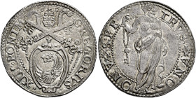 Gregorio XIII (Ugo Boncompagni), 13 maggio 1572 – 10 aprile 1585. Ancona 

Testone, AR 9,55 g. GREGORIVS – XIII PONT M Stemma sormontato da triregno...