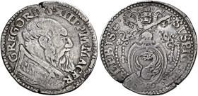 Gregorio XIII (Ugo Boncompagni), 13 maggio 1572 – 10 aprile 1585. Macerata 

Testone, AR 9,30 g. GREGORIVS XIII P M MACER Busto a d., con piviale or...