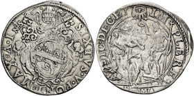 Sisto V (Felice Peretti), 24 aprile 1585 – 27 agosto 1590. 

Testone anno I, AR 9,49 g. SIXTVS V PONT MAX A I segno di Meo Neri e Orazio Spadio zecc...