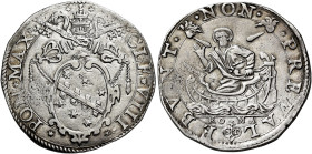 Clemente VIII (Ippolito Aldobrandini), 30 gennaio 1592 – 3 marzo 1605. 

Testone, AR 9,38 g. CLE VIII – PON MAX Stemma sormontato da triregno e chia...