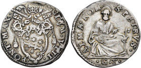 Clemente VIII (Ippolito Aldobrandini), 30 gennaio 1592 – 3 marzo 1605. 

Testone, AR 9,40 g. CLEM VIII – PONT MAX Stemma sormontato da triregno e ch...
