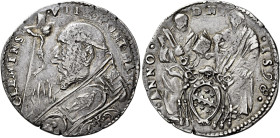 Clemente VIII (Ippolito Aldobrandini), 30 gennaio 1592 – 3 marzo 1605. Ferrara 

Testone 1598, AR 9,59 g. CLEMENS – VIII PONT MAX Busto a s., con pi...