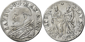 Paolo V (Camillo Borghese), 16 maggio 1605 – 28 gennaio 1621. 

Testone anno III, AR 9,28 g. PAVLVS V P MAX A III Busto a s. con piviale ornato da f...