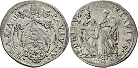 Paolo V (Camillo Borghese), 16 maggio 1605 – 28 gennaio 1621. 

Testone anno III, AR 9,39 g. PAVLVS V – P MAX A III Stemma sormontato da triregno e ...
