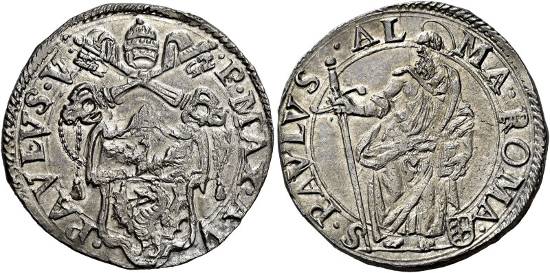 Paolo V (Camillo Borghese), 16 maggio 1605 – 28 gennaio 1621. 

Testone anno V...