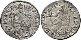 Paolo V (Camillo Borghese), 16 maggio 1605 – 28 gennaio 1621. 

Testone anno V, AR 9,59 g. PAVLVS V P MAX A V Stemma sormontato da triregno e chiavi...
