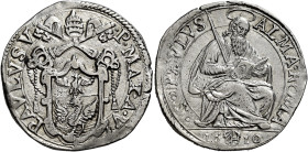 Paolo V (Camillo Borghese), 16 maggio 1605 – 28 gennaio 1621. 

Testone anno VI/1610, AR 9,58 g. PAVLVS V – P MAX A VI Stemma sormontato da triregno...