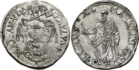 Paolo V (Camillo Borghese), 16 maggio 1605 – 28 gennaio 1621. 

Testone anno VI, AR 9,54 g. PAVLVS V P – MAX AN VI Stemma sormontato da triregno e c...
