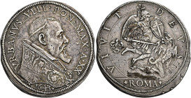 Urbano VIII (Maffeo Barberini), 6 agosto 1623 – 29 luglio 1644. 

Piastra anno XX/1643, AR 31,96 g. VRBANVS VIII PON MAX A XX Busto, a d., con pivia...