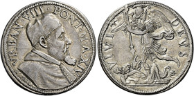 Urbano VIII (Maffeo Barberini), 6 agosto 1623 – 29 luglio 1644. 

Testone anno XIV, AR 9,62 g. VRBAN VIII PONT M A XIV Busto a d., con camauro e moz...