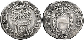 Sede Vacante (Camerlengo card. Antonio Barberini), 7 gennaio – 7 aprile 1655. Ferrara 

Giulio 1655, AR 2,83 g. SEDE VA – CANTE Stemma sormontato da...