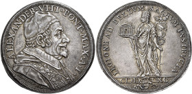 Alessandro VIII (Pietro Ottoboni), 6 ottobre 1689 – 1 febbraio 1691. 

Piastra anno I/1690, AR 32,03 g. ALEXANDERVIII PONT MAX A I Busto a d., con c...