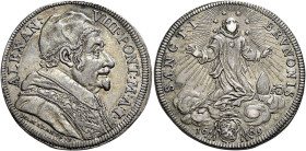 Alessandro VIII (Pietro Ottoboni), 6 ottobre 1689 – 1 febbraio 1691. 

Testone anno I/1689, AR 9,06 g. ALEXAN – VIII PONT M A I Busto a d., con cama...