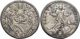 Alessandro VIII (Pietro Ottoboni), 6 ottobre 1689 – 1 febbraio 1691. 

Testone anno I/1690, AR 9,06 g. ALEXAN VIII – PONT M AN I Stemma, tra due ram...