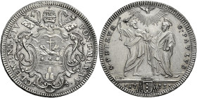 Clemente XIV (Giovanni Vincenzo Antonio Ganganelli), 19 maggio 1769 – 22 settembre 1774. 

Testone anno V/1773, AR 7,92 g. CLEMENS XIV – PONT MAX A ...