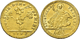 Pio VI (Giannangelo Braschi), 15 febbraio 1775 – 29 agosto 1799. 

Doppia romana 1793, AV 5,44 g. FLORET IN DOMO – DOMINI Pianta di giglio; all’eser...