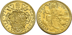 Pio VI (Giannangelo Braschi), 15 febbraio 1775 – 29 agosto 1799. 

Zecchino anno I/1775, AV 3,41 g. PIVS VI – PONT M A I Stemma sormontato da trireg...