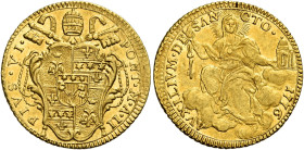 Pio VI (Giannangelo Braschi), 15 febbraio 1775 – 29 agosto 1799. 

Zecchino anno II/1776, AV 3,41 g. PIVS VI – PONT M A II Stemma sormontato da trir...