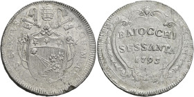 Pio VI (Giannangelo Braschi), 15 febbraio 1775 – 29 agosto 1799. 

Da 60 baiocchi anno XXI/1795, Mist. 22,84 g. PIVS SEXTVS – PON M A XXI Stemma sor...