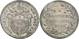 Pio VI (Giannangelo Braschi), 15 febbraio 1775 – 29 agosto 1799. 

Da 60 baiocchi anno XXII/1796, Mist. 16,97 g. PIVS SEXTVS PONT – MAXIMVS ANNO XXI...