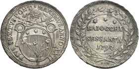 Pio VI (Giannangelo Braschi), 15 febbraio 1775 – 29 agosto 1799. 

Da 60 baiocchi anno XXII/1797, Mist. 16,18 g. PIVS SEXTVS PONT – MAXIMVS ANNO XXI...