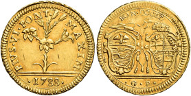Pio VI (Giannangelo Braschi), 15 febbraio 1775 – 29 agosto 1799. Bologna 

Mezza doppia romana 1788, AV 2,71 g. PIVS VI PONT – MAXIM Pianta di gigli...